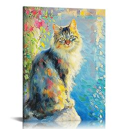Tiempo de arte de la pared de lona temática de gatos Tiempo de arte de gato con encantamiento y obra de arte caprichosa retrato de gato moderno decoración de pared juguetona y colorida pintura enmarcada