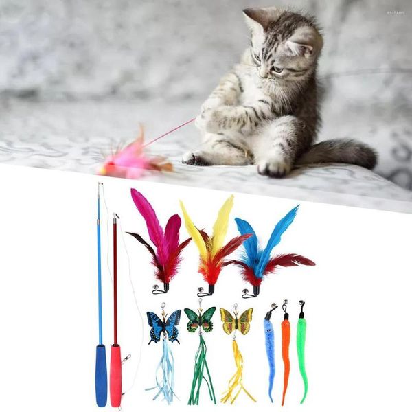 Juguetes para gatos, 11 piezas, juguete de plumas, 9 recambios de teaser surtidos, palo de poste, campana colgante interactiva, varilla divertida para ejercicio