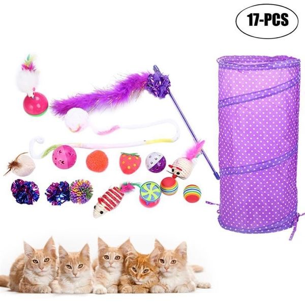 Juguetes para gatos 17 unids / set Juego de juguetes para mascotas Pluma Pescado Ratón Bola Túnel Interactivo para Cats201l