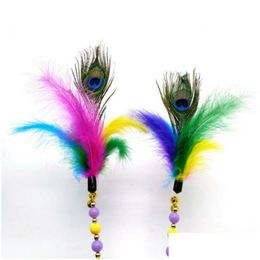 Juguetes para gatos 1pc Teaser Feather Cat Toys Kitten Funny Colorf Rod Wand Plastic Pet Toy Interactive Stick Suministros Drop Entrega Home Garden Dhdew