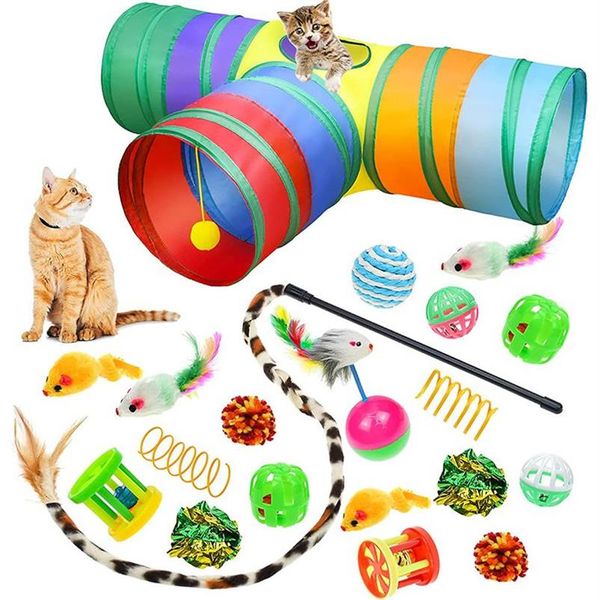 Jouets pour chats 20 pièces Kit tunnel pliable 3 trous intérieur chaton plume Teaser baguette souris balles cloche dents pour animaux de compagnie propre amusant Channel266a