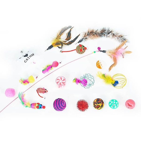 Jouets pour chats 20 pièces/ensemble, jouet amusant, boule de cloche, souris en forme de chaton, fil interactif pour animaux de compagnie, fournitures de plumes, Super valeur combinée