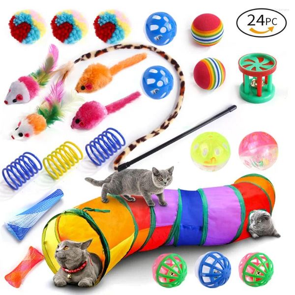 Jouets pour chats, ensemble de 24 pièces, paquet varié, combinaison de jouets pour animaux de compagnie, bâton amusant, souris en Sisal, boule de cloche, fournitures pour chaton