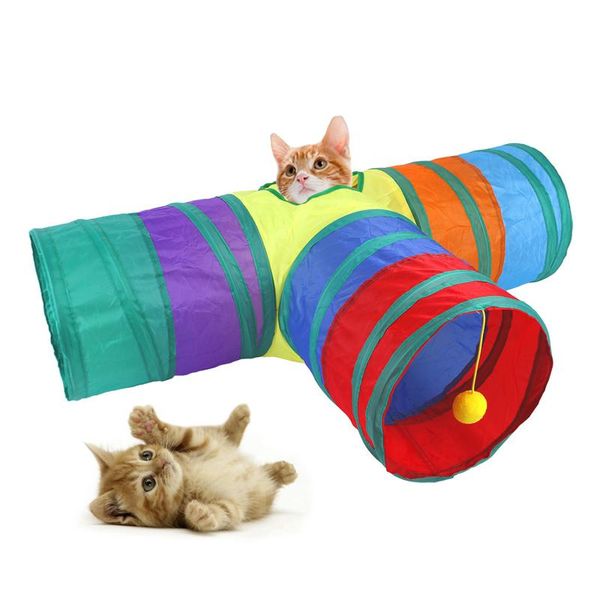 Jouets pour chat Tunnel à 3 voies pour animaux de compagnie Tube pliable Kitty Peek trou jouet pour chats chiots lapins Tubes 80cm