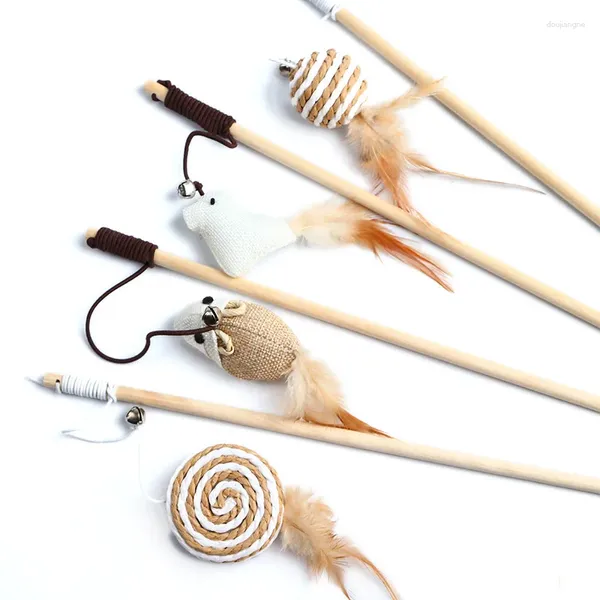 Juguetes para gatos 4 piezas Teaser Feather Kitten Funny Colorful Rod Wand Wood Pet Interactive Stick Suministros