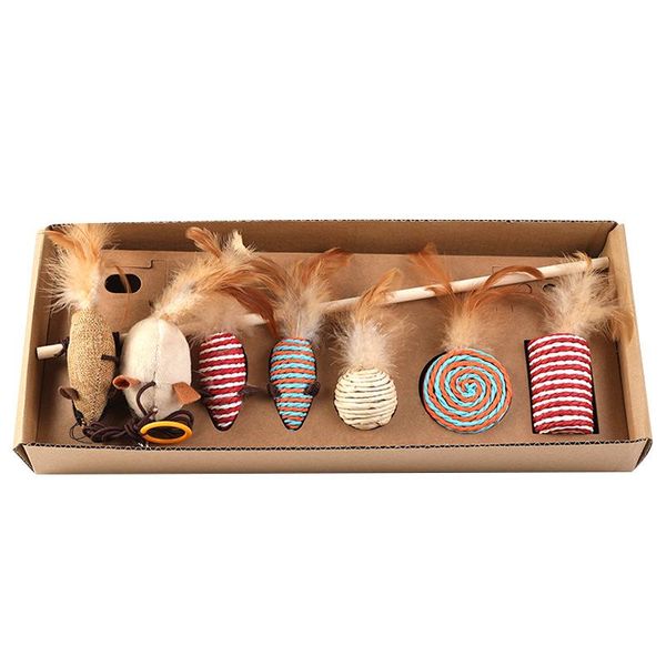 Juguetes para gatos 7pcs Ball Pet Toy Set Feather Teaser Wand Sisal Box Interactivo