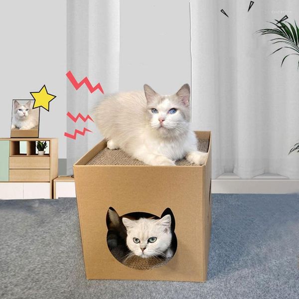 Juguetes para gatos, caja rascadora de casa de cartón con almohadillas para rascar para gatos de interior, juguetes para rascar, suministros para mascotas