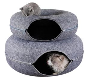 Cat Toys Donut Tunnel Bed Pets House Natural Filt Cave Cave Round Wool voor kleine honden interactief spelen speelgoedcat8445238