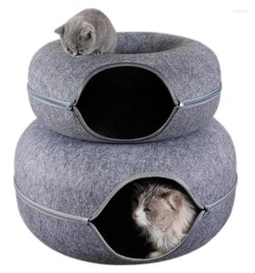 Cat Toys Donut Tunnel Bed Pets House Natural Filt Cave Round Wool voor kleine honden interactief speelgoed speelgoed8690963