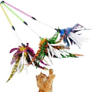 Juguetes para gatos, caña de pescar de plástico con plumas, varita colorida para mascotas, suministros de juguetes divertidos interactivos, accesorios para juegos