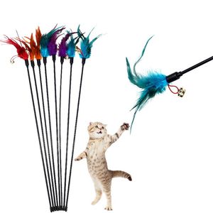 Cat Toys Feather Wand Kitten Cat Teaser Kalkoenveer Interactive Stick Toy Wire Chaser Wand Toy Willekeurige kleur