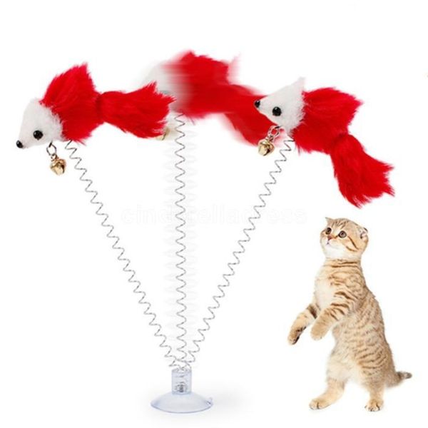 Jouets pour chats, souris à ressort pivotante amusante avec ventouse, chat à fourrure, queues de plumes colorées, jouet pour chats, petits jouets mignons pour animaux de compagnie B1031