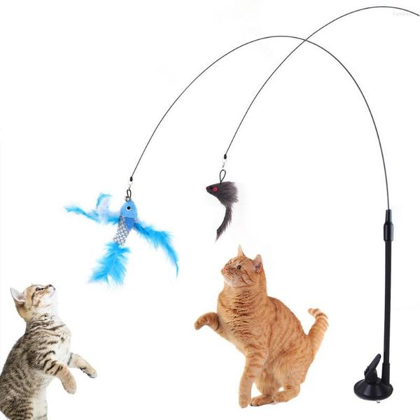 Chat jouets mains libres plume d'oiseau baguette avec cloche puissante ventouse interactive pour chats chaton chasse exercice animaux produits