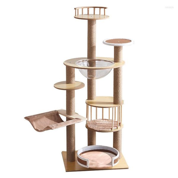 Juguetes para gatos Cabeza de pino Escalada Árboles Pilar Madera maciza Estante de juguete de gran tamaño con tobogán Tres gatos Marco de verano