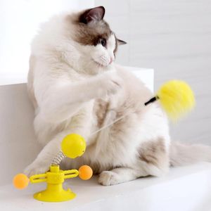 Cat Toys Teaser Plastic Windmolen Grappige Swing Spring Feather Playstick Whirligig Kitten Puzzle Training Adsorbable Fixatie