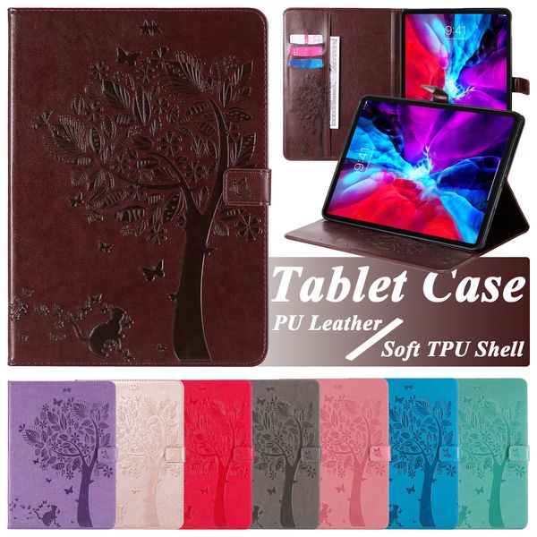 Étui antichoc pour tablette Apple iPad 10.2 Mini 6/5/4 Air 3/2/1 Pro 11/10.5/9.7 pouces chat et arbre gaufrage PU cuir Flip Kickstand Cover avec fentes pour cartes