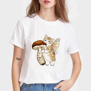 Chat T-shirt Femmes À La Mode Champignon Imprimé T-shirt High Street Col Rond Manches Courtes