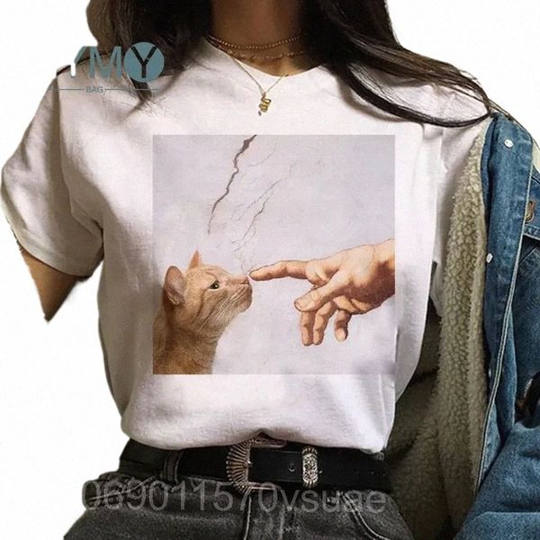 Cat Van Gogh camiseta Arte de las mujeres Top Tee Mujeres Tallas grandes Ropa Encantadora Divertida Gráfica Chicas Damas Mujer Blanco O-cuello Camiseta v8fc #