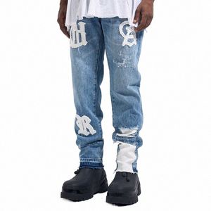 Kat snorhaar patch geborduurde jeans vintage heren rechte jjeans VIBE stijl denim jeans blauw y2k jeans mannen luxe U3r2 #