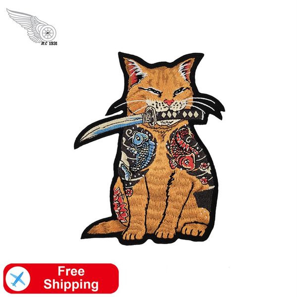 Parches de tatuajes con bordado de gato con espada para ropa, chaqueta Punk, parche de moda personalizado 245n