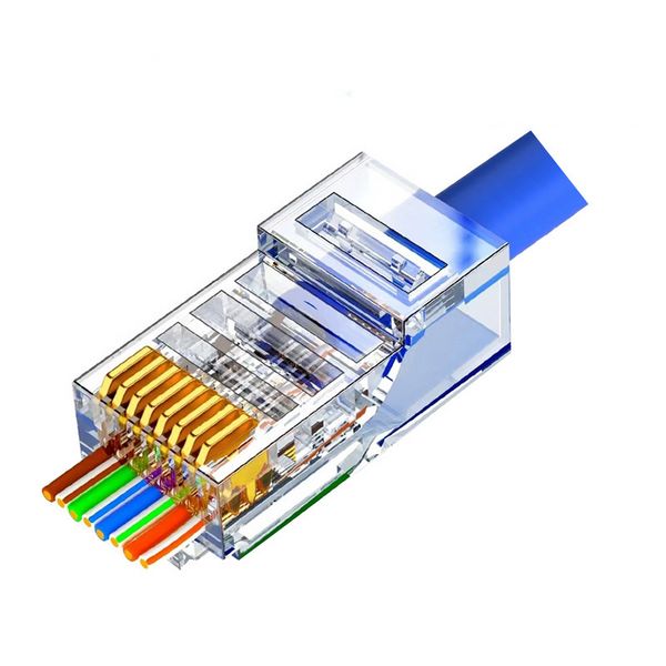 CAT6 1000 Mbps RJ45 8P8C tête de cristal passant à travers le connecteur réseau câble Ethernet extrémité à sertir plaquée or toronné, fiches modulaires non blindées pour PC