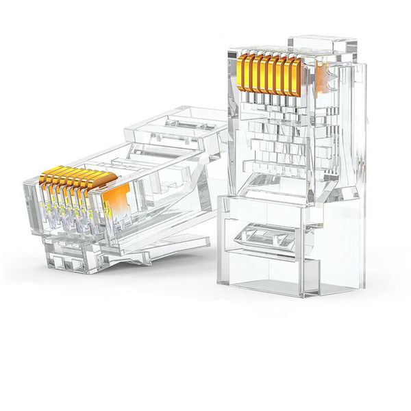 CAT6/CAT5E 1000Mbps RJ45 8P8C Conector de red de paso con cabezal de cristal Cable Ethernet Extremo de engarzado chapado en oro Trenzado, enchufes modulares sin blindaje para PC