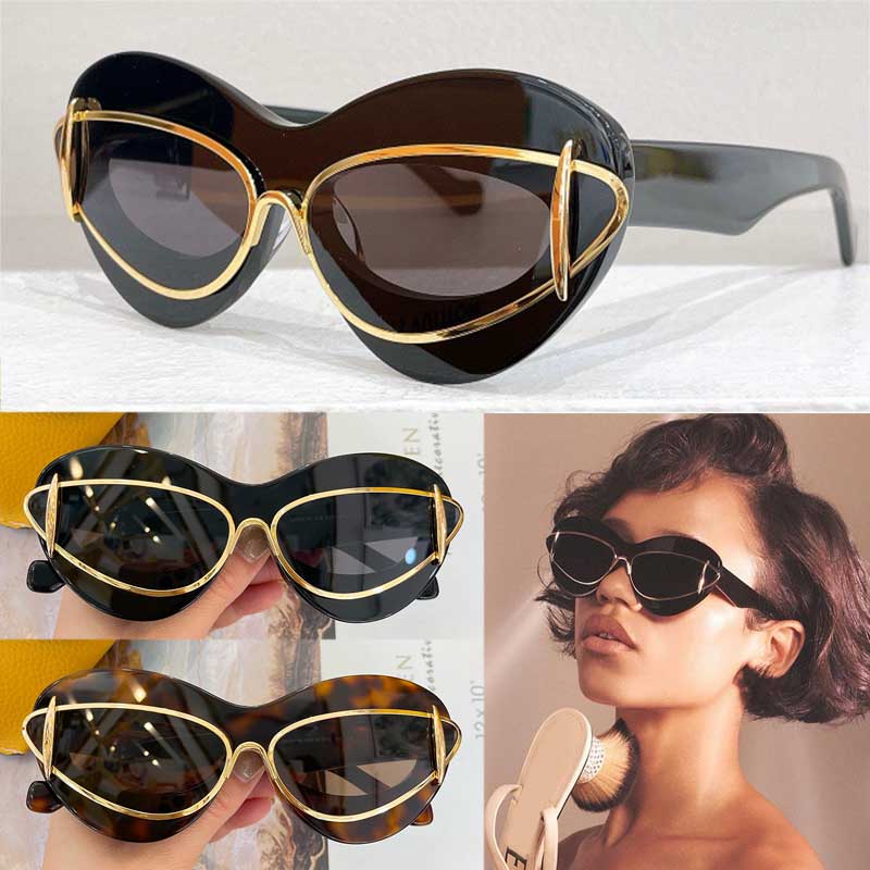 Cateye Double Frame Solglasögon i acetat- och metallkvinnor Designer Fei Aviators Solglasögon Fashion Retro Lady Metal Holiday Glasses LW40119i med originalbox