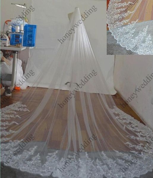 Voiles de mariée longueur cathédrale 3 mètres de large 4 mètres de long avec paillettes dentelle applique peigne blanc ivoire robes de mariée en tulle V6838399