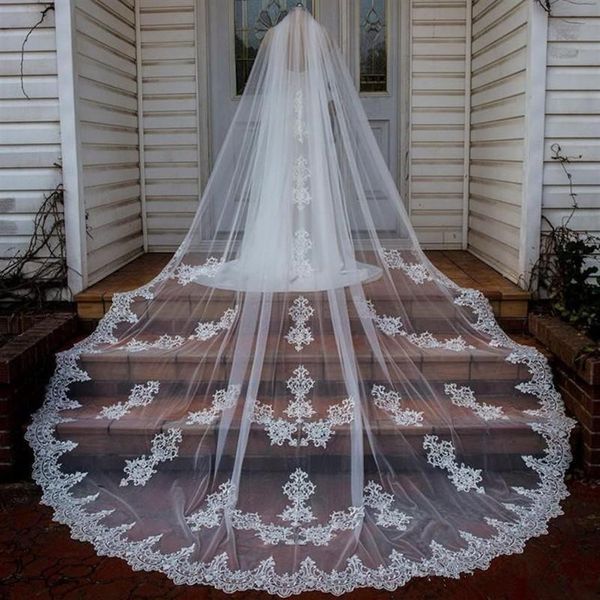 Cathédrale longueur longs voiles de mariage sur mesure blanc ivoire champagne voiles de mariée avec peigne dentelle appliqué pas cher voile de mariage292n