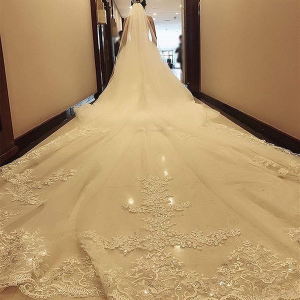 Cathédrale Longueur Voiles De Mariage Sur Mesure Dentelle Applique Tulle Voile De Mariée 5m Long femmes Accessories292S