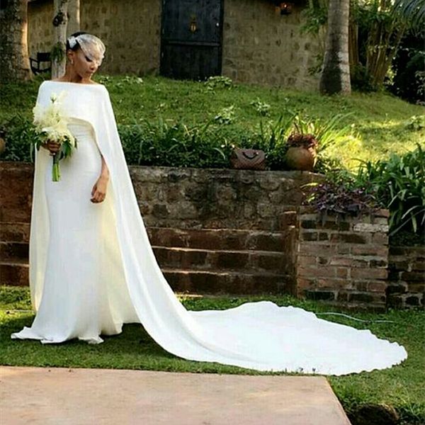 Robe de mariée sirène cathédrale, longue traîne, robes de mariée africaines simples en Satin ivoire avec Cape enveloppante, robes de mariée élégantes, 2024