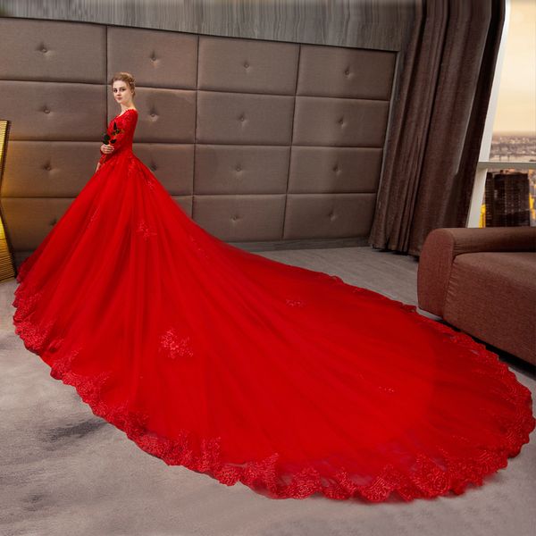 Vestidos de novia rojos del tren de la catedral Encaje 2022 Con cuello en V Manga larga Apliques Cuentas Lentejuelas Vestido de novia Vestidos de novia Tallas grandes Custo277q