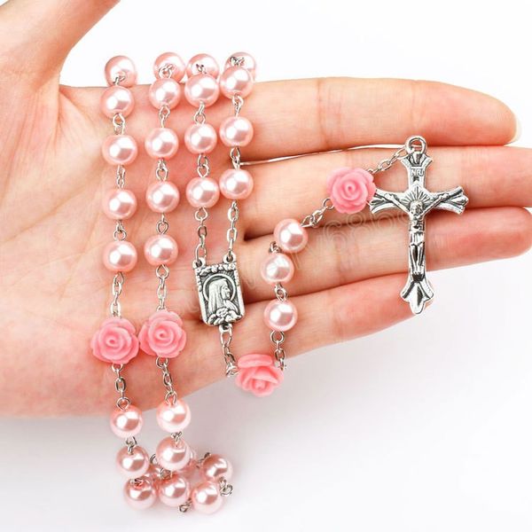 Collier chapelet en perles de verre catholique pour femmes, Rose rouge, longue chaîne, Crucifix, pendentif croix, bijoux de prière religieuse pour hommes
