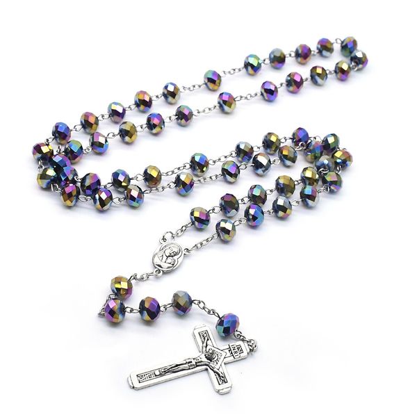 Rosaire catholique Collier Big cristal Vintage Jésus Pendentif croix Cadeaux Bijoux religieux Hommes Femmes