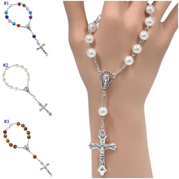 Chapelet catholique prière perles Bracelet croix Imitation perle acrylique bracelets mode Bracelet Fit fête Souvenirs