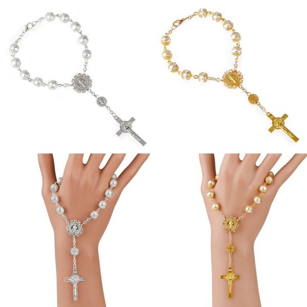 Pulseras de cuentas de oración del Rosario Católico, pulsera de declaración de cruz de Jesús con perla de imitación de cristal de encaje dorado y plateado, joyería para mujer