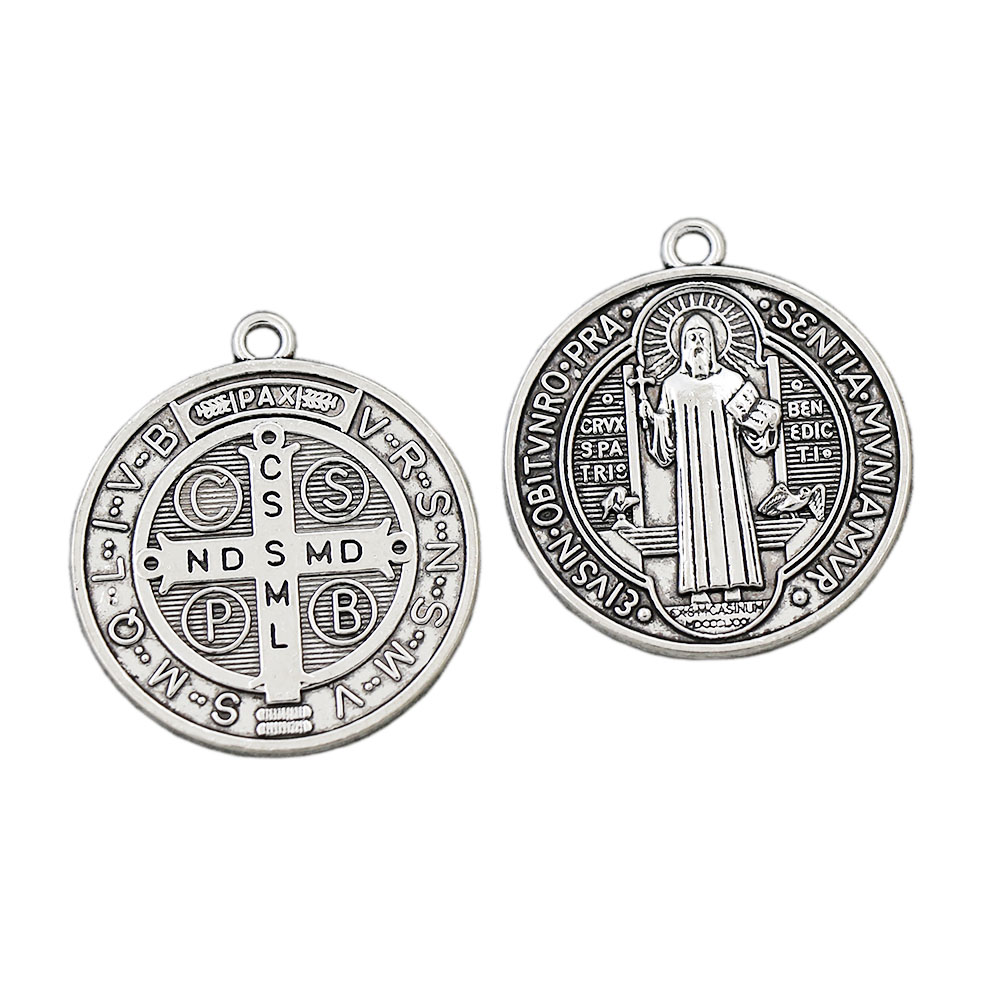 Catholicisme St Benedict de Nursia Patron contre le méchant Cross Cross Charm Beads 35x31mm Pendentif en argent antique L1646 40PCS / Lot