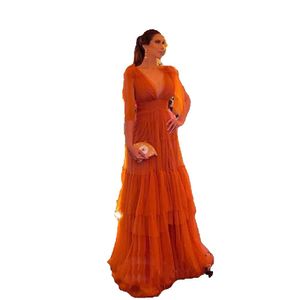 Cathy Puffy Sleeve A-Line prom-jurken oranje meerlagige avondjurken Organza v-neck feestjurken