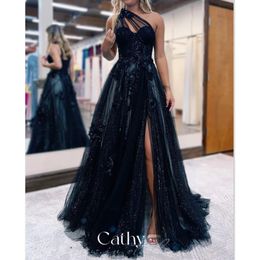 Cathy étincelant Tulle a-ligne robe de bal bleu foncé robe de soirée Sexy une épaule côté fendu princesse robe de soirée 240201