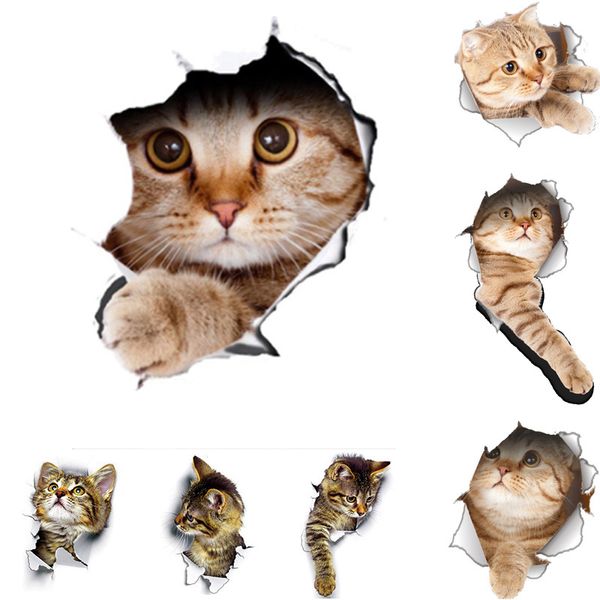 Chats 3D Sticker Mural Toilettes Autocollants Trou Vue Vivid Chiens Salle De Bains Pour La Décoration De La Maison Animaux Vinyle Stickers Art Papier Peint Affiche