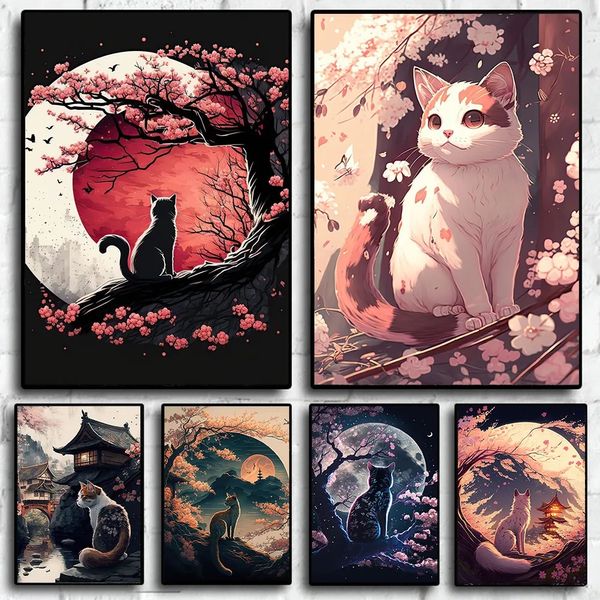 Chats Fleurs De Cerisier Toile Peinture Mur Art Animaux Japon Style Affiches Et Gravures Art Abstrait Beaux Chats Photos Kawaii Salon Enfants Chambre Décor Wo6