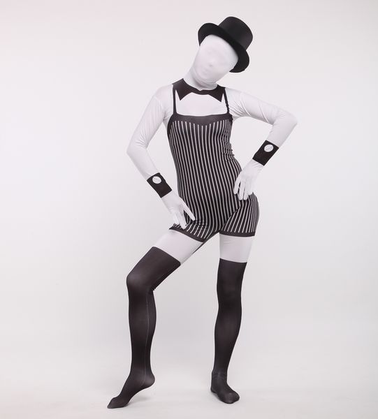 Costume Costume Black and White Stripes verticales Robe de chambre de chambre Cosplay Full Body Zentai Suisse Costumes Club Club Party Suit sans chapeau