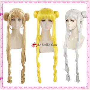 Catsuit -kostuums 32 '' 80 cm lange Sailor Tsukino Usagi Ponytail met broodjes Sier Witgele blonde cosplay Heat Resistant Hair Pruiken + Wig Cap