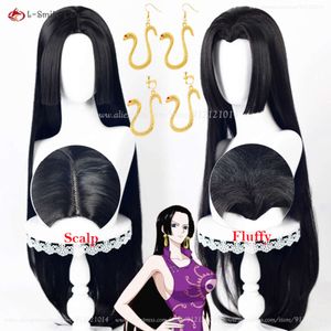 Costumes Catsuit Anime 100 cm de Long noir Cosplay avec boucle d'oreille Boa Han cheveux synthétiques résistants à la chaleur perruques de jeu de rôle + bonnet de perruque