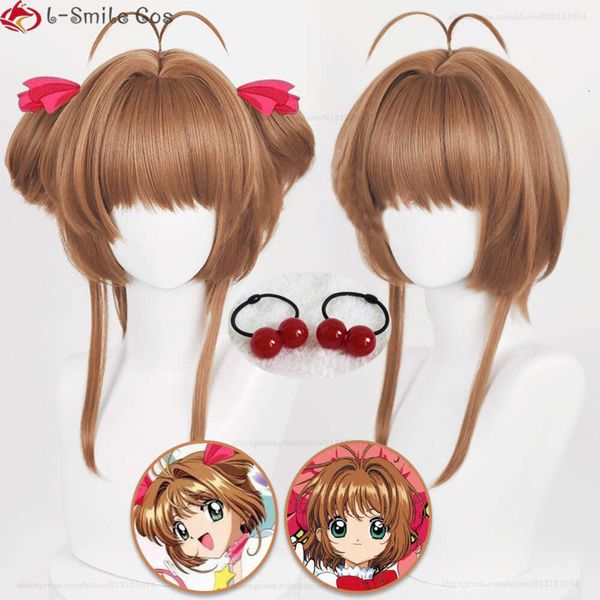 Disfraces de catsuit Anime Card Captors Disfraz de cosplay Sakura Kinomoto Pelo sintético resistente al calor Pelucas para fiesta de Halloween + gorro de peluca