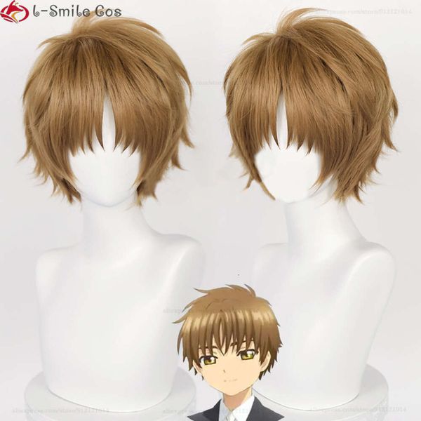 Disfraces de catsuit Captores de cartas de anime Sakura Syaoran Li Disfraz de cosplay corto 30 cm Amarillo Marrón Pelucas de pelo sintético resistentes al calor + gorro de peluca