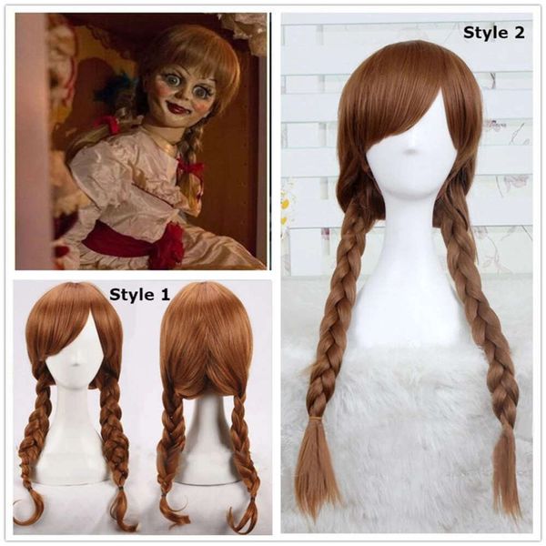 Disfraces de catsuit Muñeca de anime Annabelle 65 cm Trenzas rectas marrones Pelo sintético Perucas Cosplay Disfraz de Halloween Pelucas + Gorro de peluca