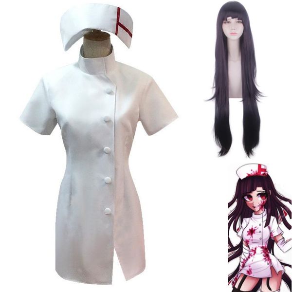 Disfraces de catsuit Juego de anime Danganronpa Adiós desesperación Mikan Tsumiki Disfraz de cosplay Peluca Uniforme de enfermera blanco Mujer Traje de carnaval de Halloween sexy