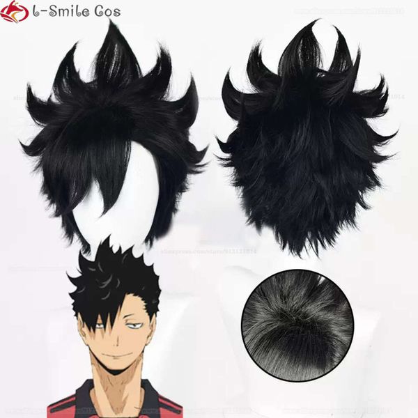 Catsuit Costumes Anime Haikyuu Nekoma lycée No 1 Tetsurou Kuroo Cosplay 30 cm court noir résistant à la chaleur perruques de cheveux synthétiques + bonnet de perruque