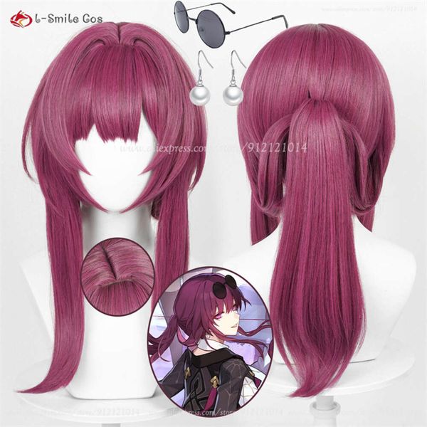 Costumes Catsuit Anime Honkai Star Rail Kafka Cosplay 43 cm Rose violet avec lunettes queue de cheval perruques de cheveux synthétiques résistant à la chaleur + bonnet de perruque